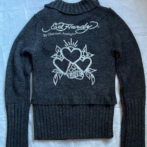 Ed Hardy women’s gray acrylic and wool  ‘LOVE’ sweater szM